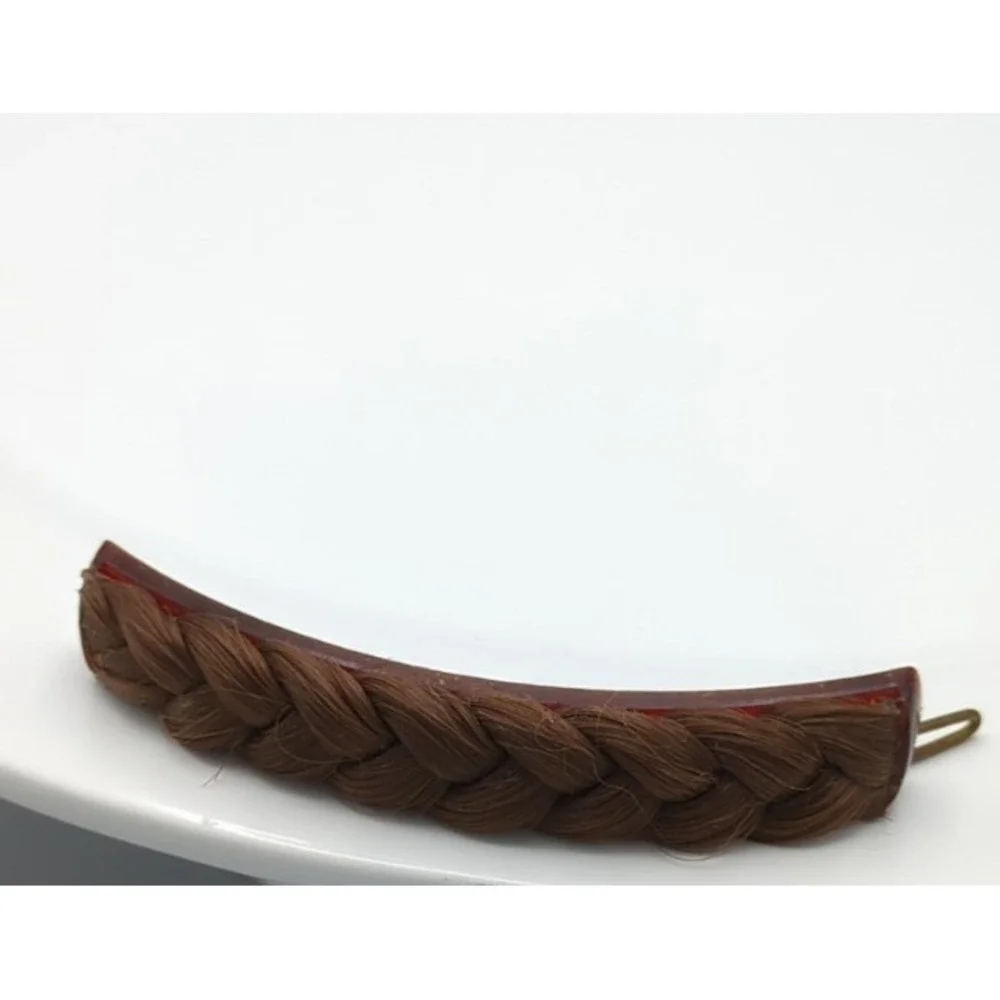 Vintage Metal & Celluloid Faux Hair Braid Barrette 3.5‎ in long Brunette Brown
